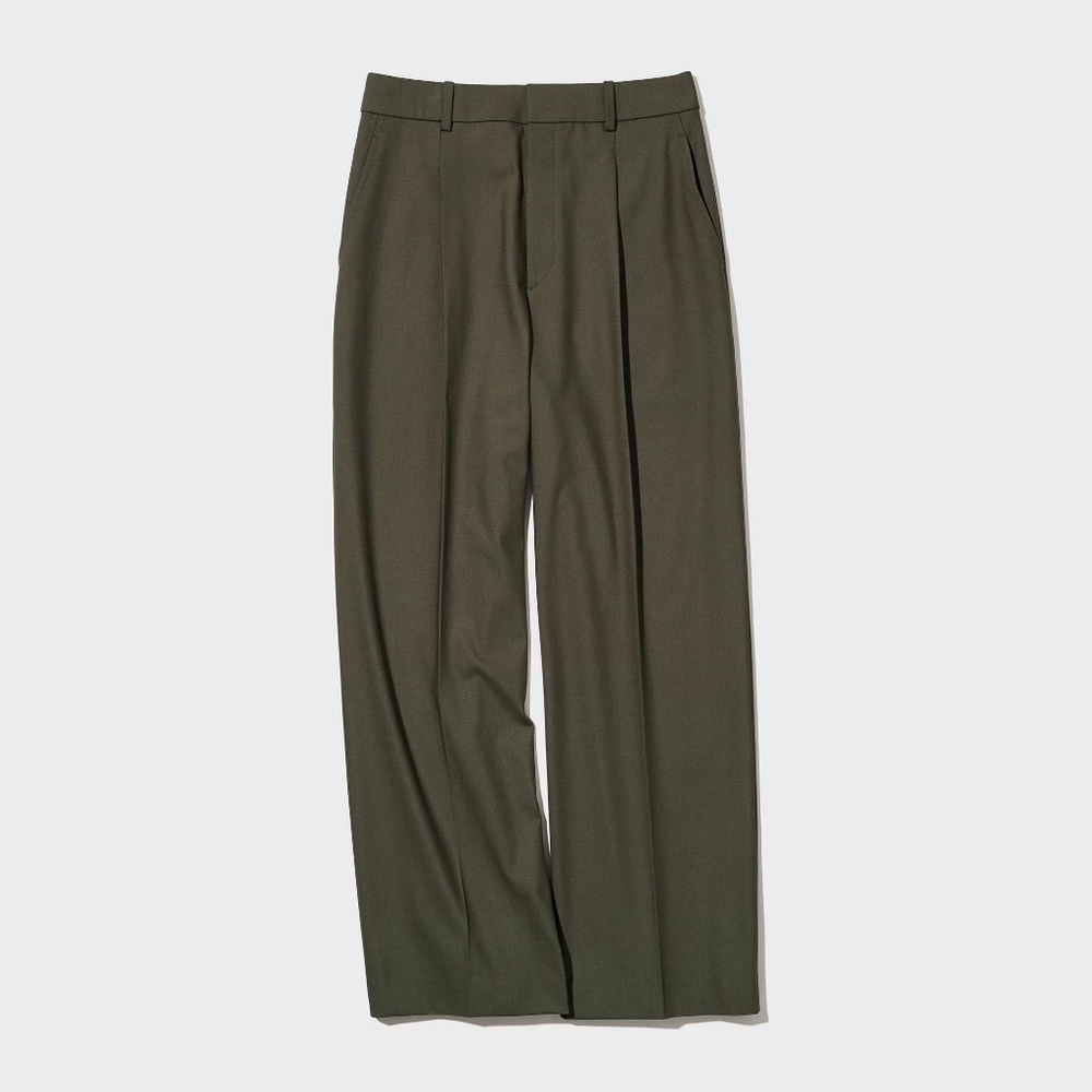 Uniqlo Olive Green Wide-Fit Pleated Pants XS